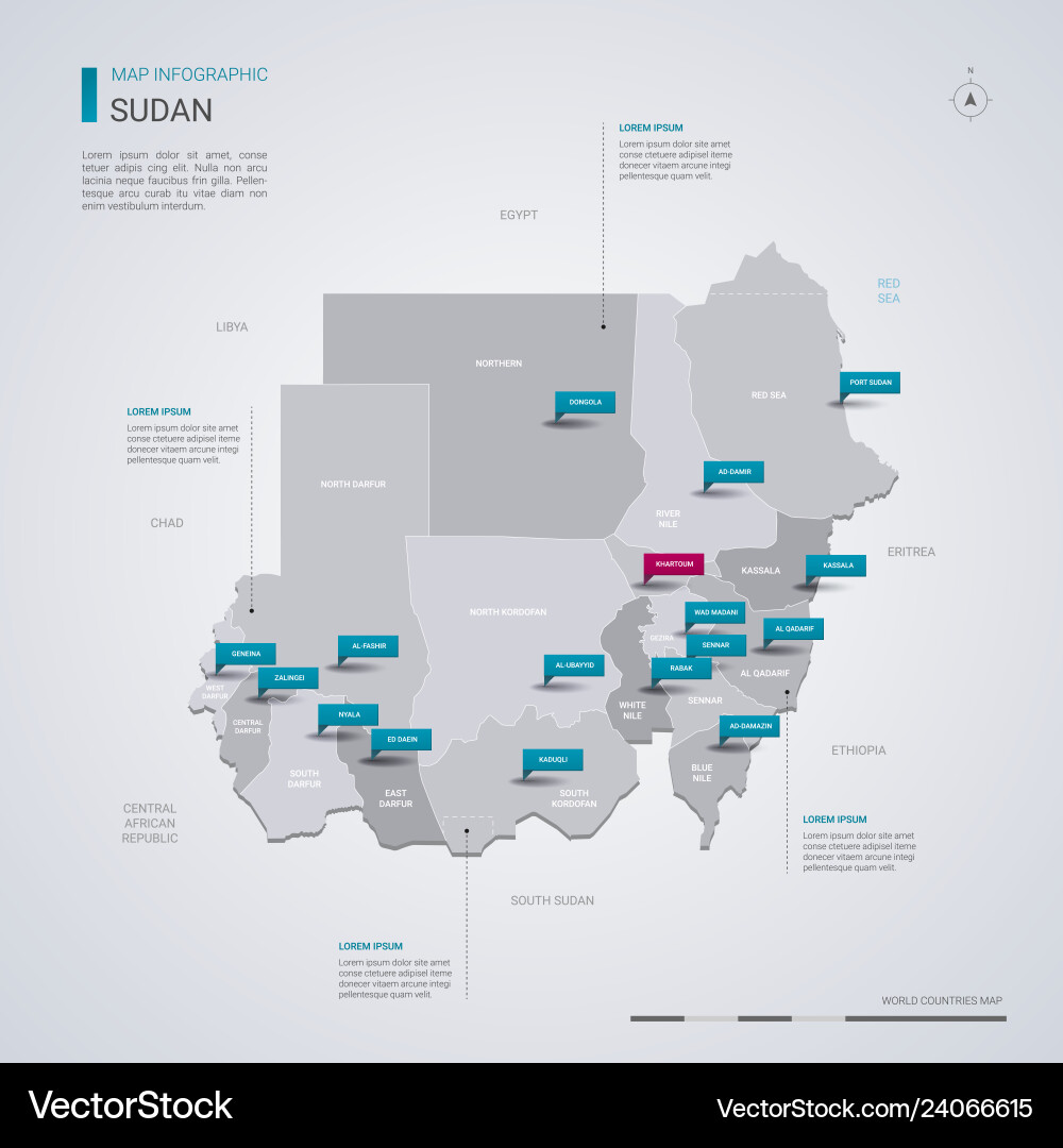 Sudan map with infographic elements pointer marks vector image