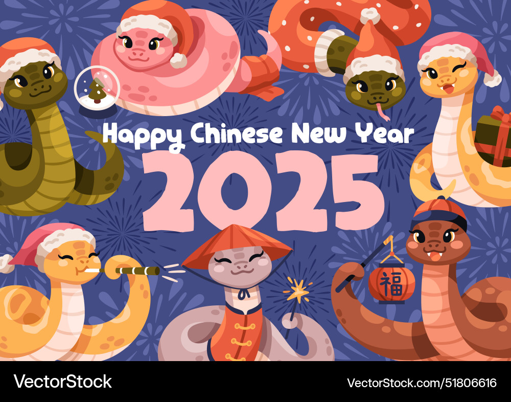 Happy 2025 chinese new year cute snake mascots Happy 2025 chinese new year cute snake mascots vector image