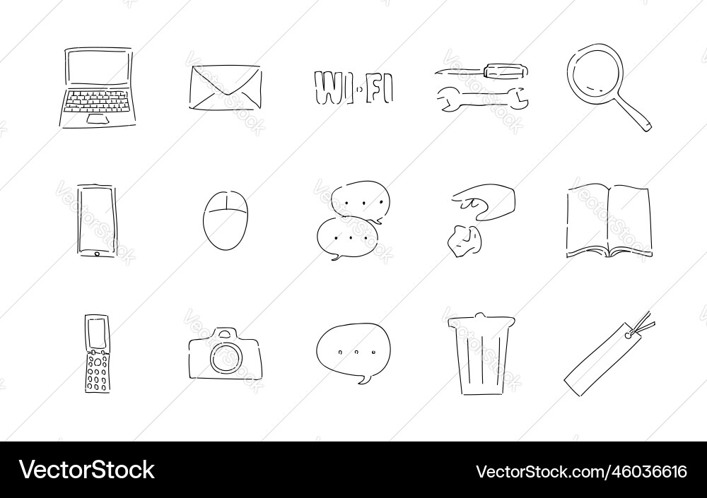 Rough handwritten icon set of computer and speech Rough handwritten icon set of computer and speech vector image