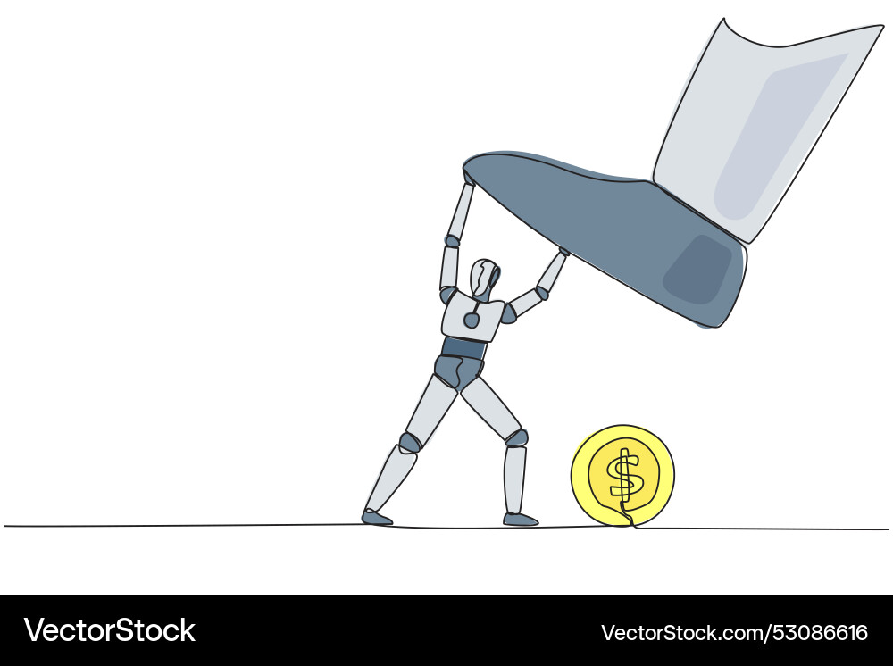 Single continuous line drawing smart robot holds Vector Image