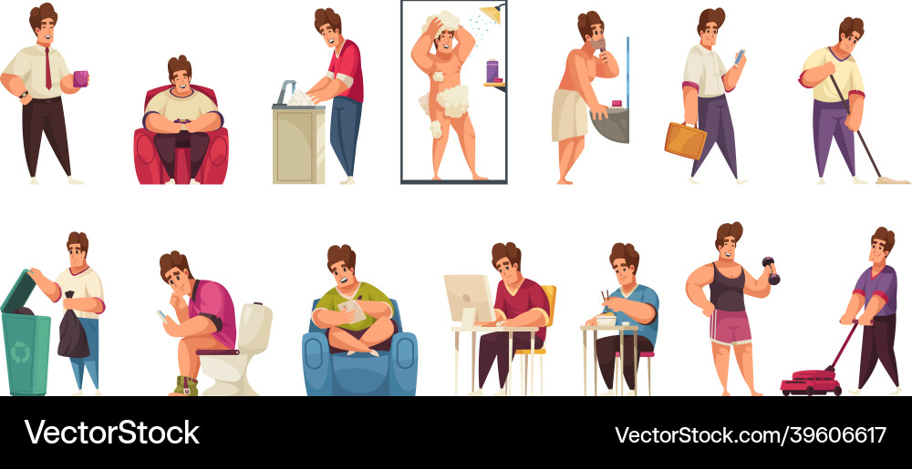 Daily man routine flat set Daily man routine flat set vector image