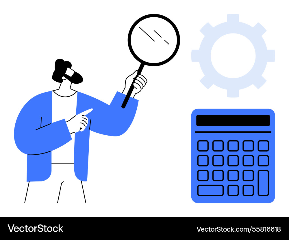 Man with magnifying glass analyzing data near Man with magnifying glass analyzing data near vector image