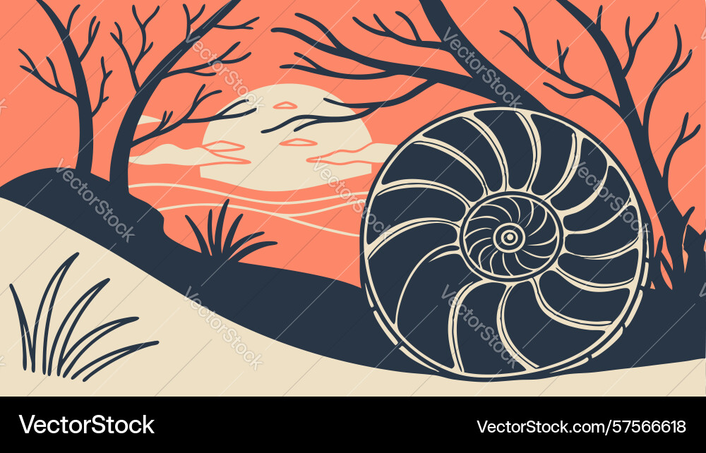 Nautilus shell on desolate red shoreline design vector image