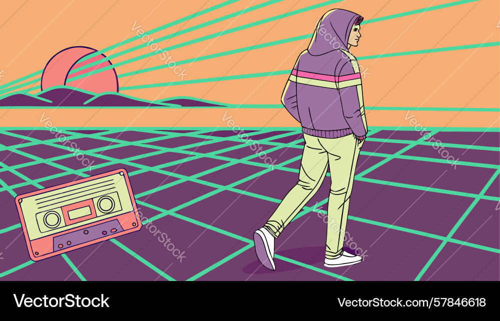Retro-wave scene with figure and cassette player Vector Image