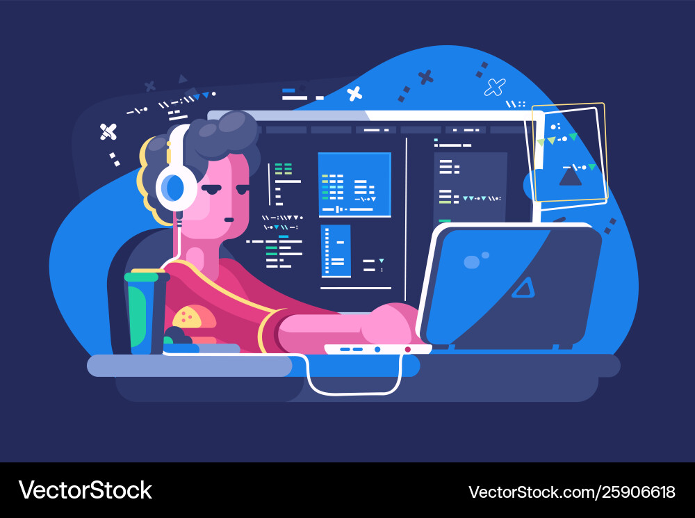Web developer working on laptop vector image