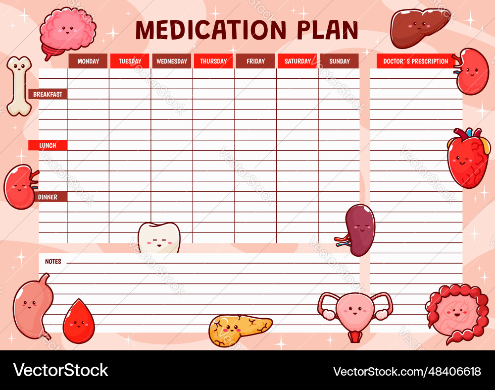 Weekly medication planner with organs characters vector image