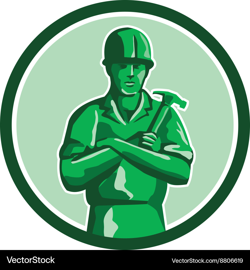 Green builder holding hammer circle retro Vector Image