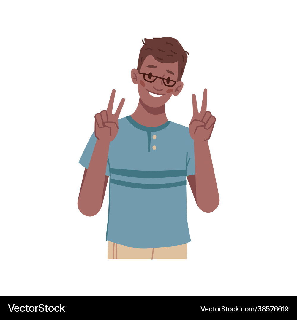 Smiling boy showing peace or victory sign gesture Smiling boy showing peace or victory sign gesture vector image