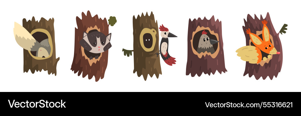 Animal character in hollow tree trunk set Animal character in hollow tree trunk set Vector Image
