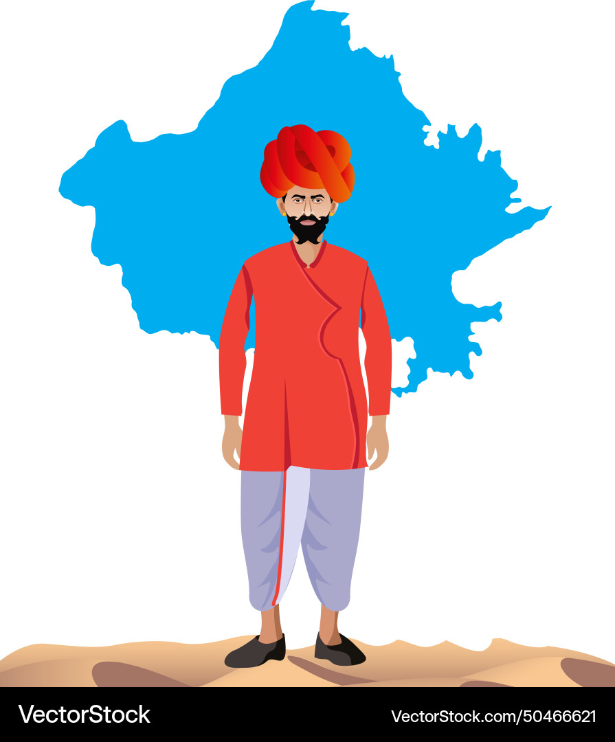 Rajasthani man standing in desert and rajasthan Rajasthani man standing in desert and rajasthan vector image