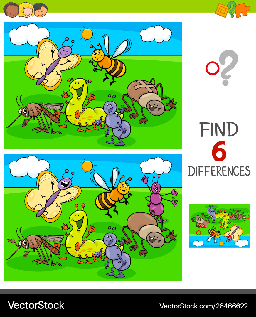 Finding differences game with insects animals Vector Image