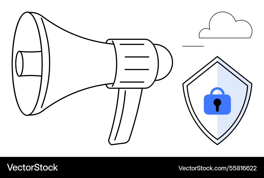 Megaphone and security shield with cloud emblem Vector Image