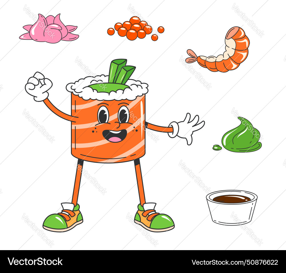 Retro cartoon groovy japanese roll cute character vector image