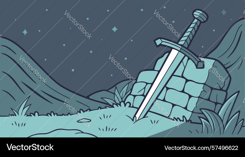 Sword embedded in ancient stone block art design Vector Image