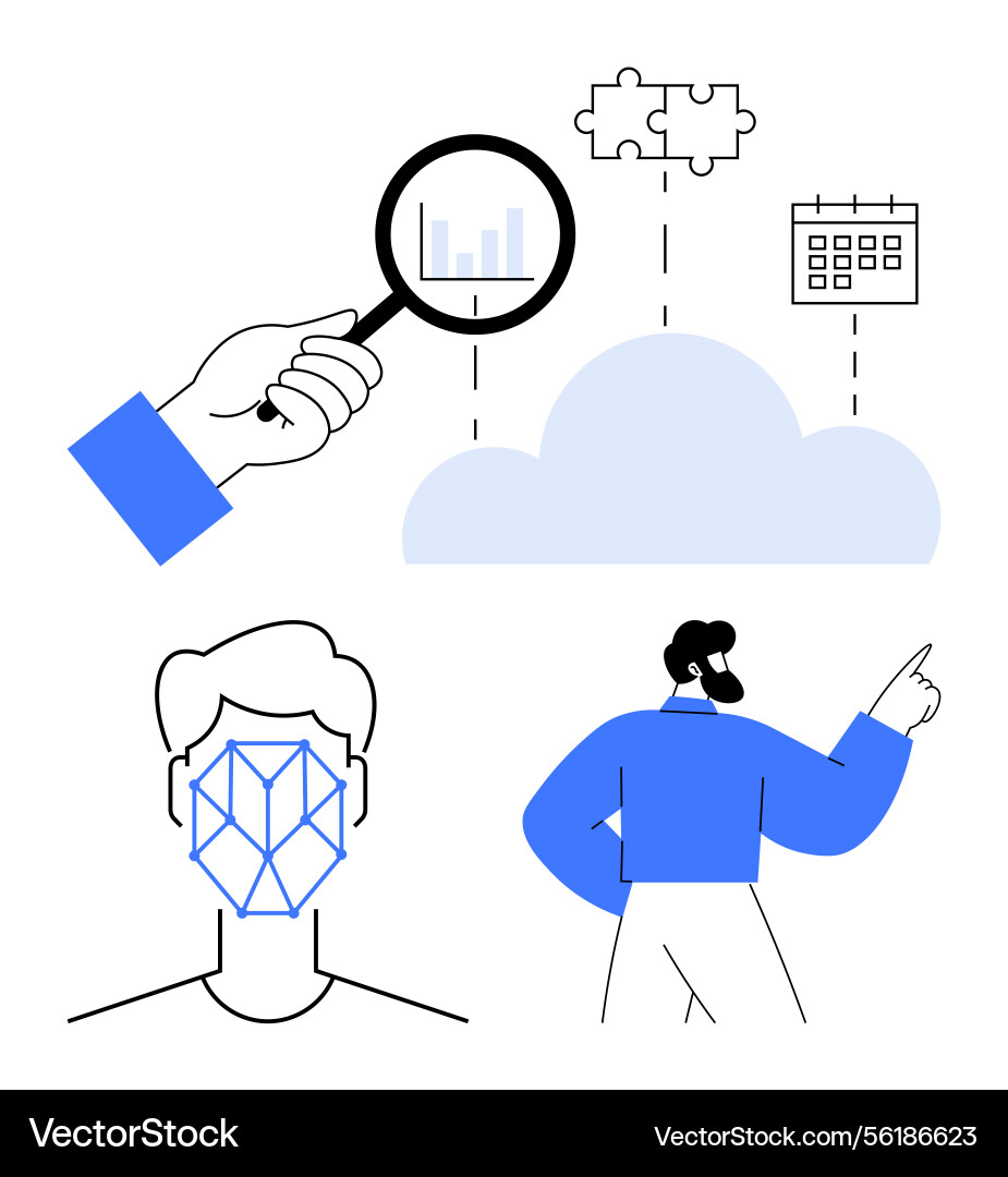 Cloud-based data analysis facial recognition Cloud-based data analysis facial recognition Vector Image