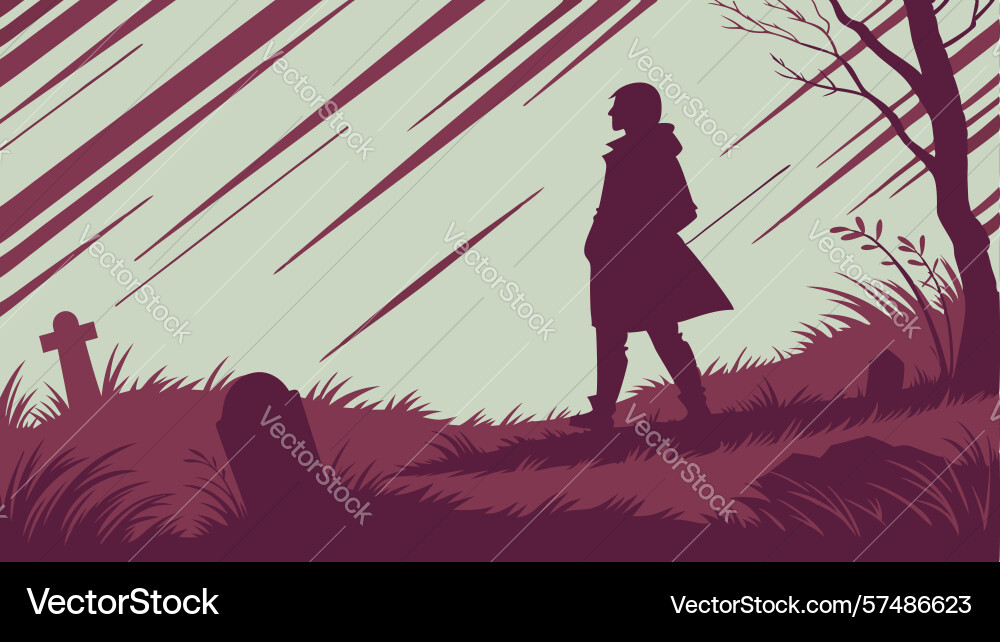 Lone figure in rain on a cobblestone path design Vector Image