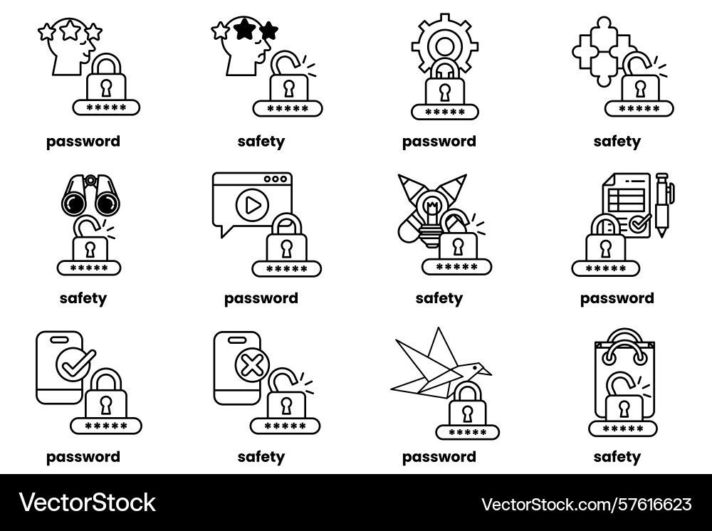 Set of password keys and stuff in line art vector image