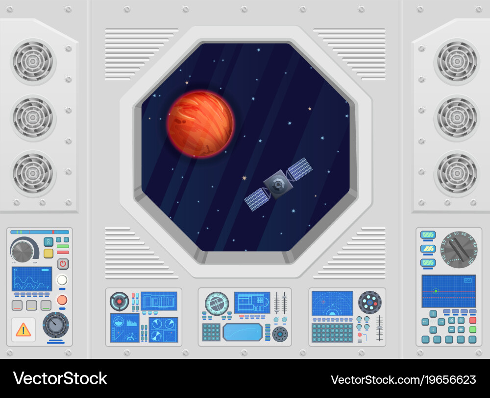 Spaceship Window View of Planet and Satellite Vector Image
