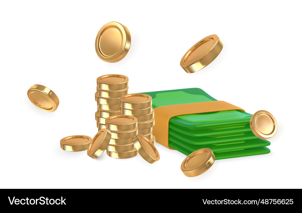 3d green stack of money and gold coins in cartoon 3d green stack of money and gold coins in cartoon vector image