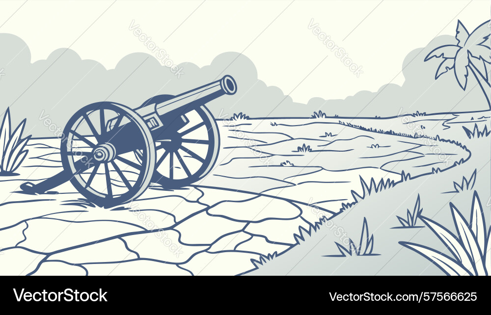 Classic cannon in open field with distant trees vector image