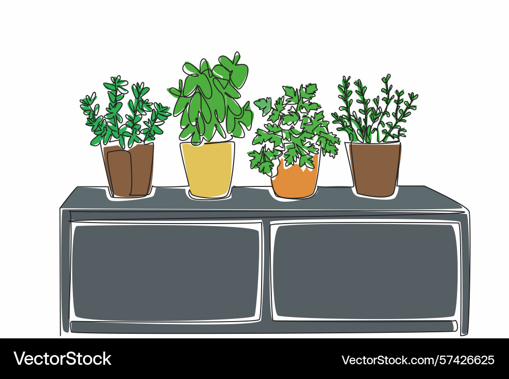 Continuous one line drawing 4 pots containing Continuous one line drawing 4 pots containing Vector Image