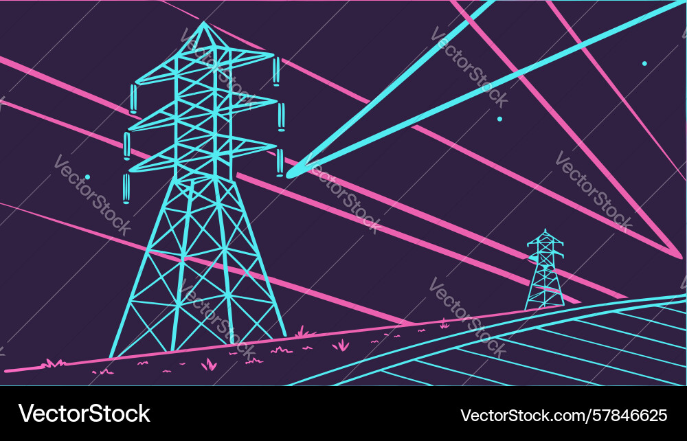 Retro-wave power lines and grid landscape design Vector Image
