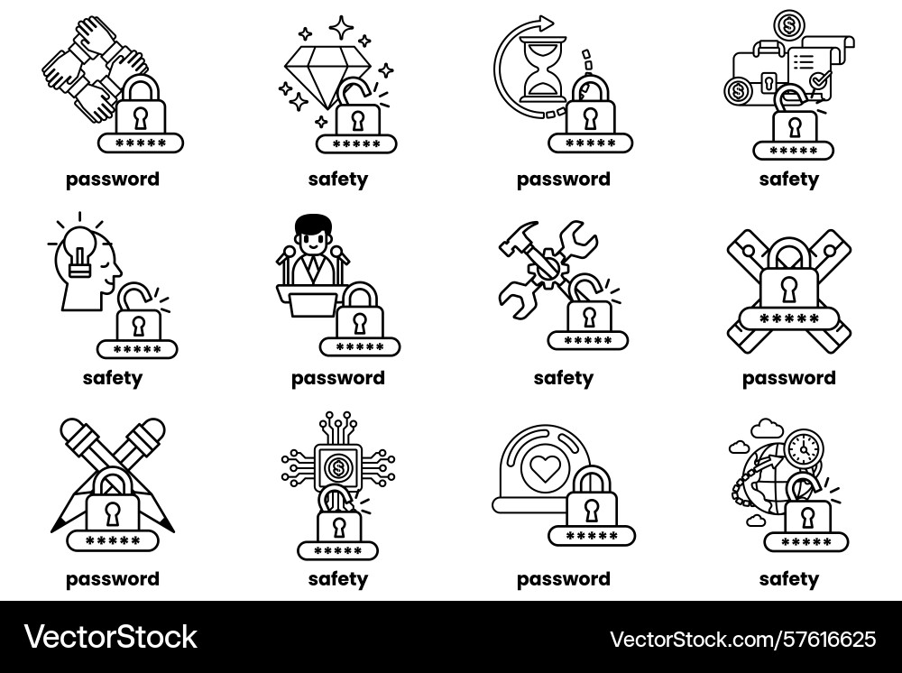 Set of password keys and stuff in line art Set of password keys and stuff in line art Vector Image