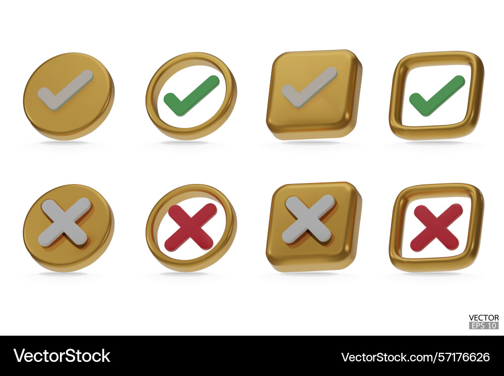 Set of 3d gold checkmark and x mark icon sets Set of 3d gold checkmark and x mark icon sets Vector Image