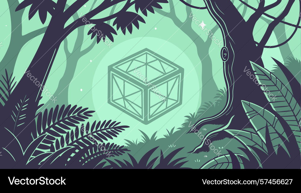 Abstract cube in mystical dense forest design vector image
