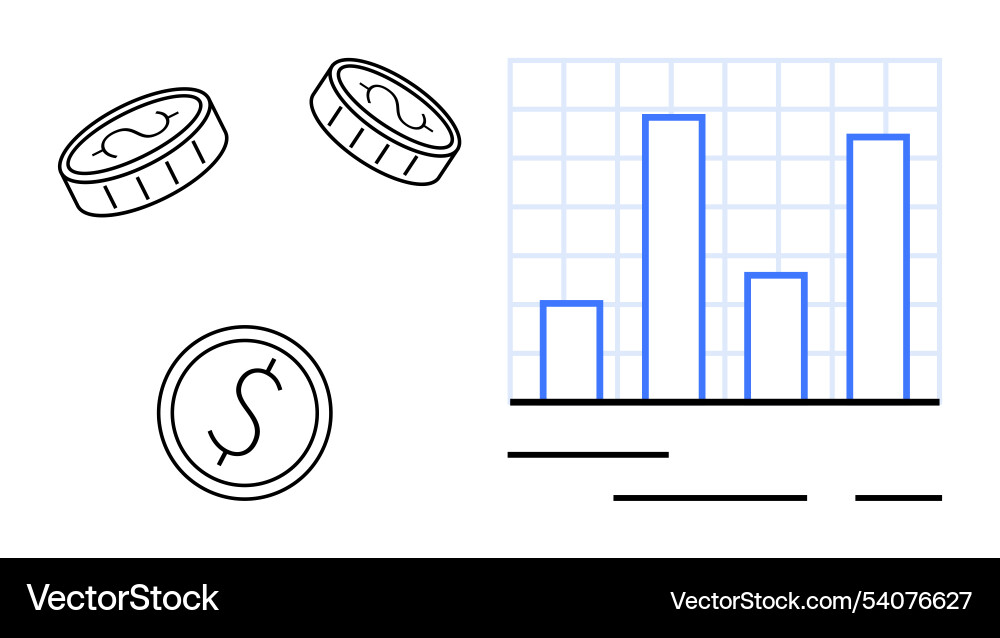 Bar chart analysis with coins representing Bar chart analysis with coins representing vector image