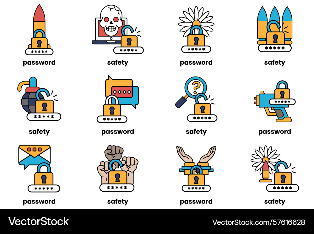 Set of password keys and stuff in line art Set of password keys and stuff in line art vector image