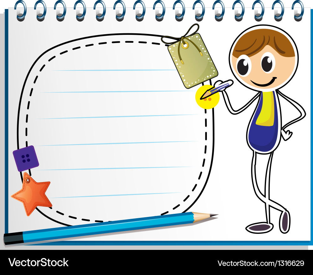 A notebook with an image of boy writing Vector Image