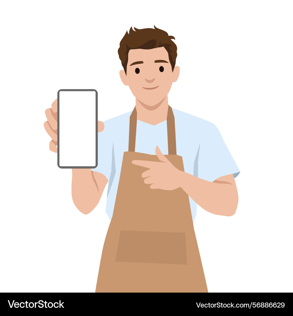 Man in apron confidently holds and points Vector Image