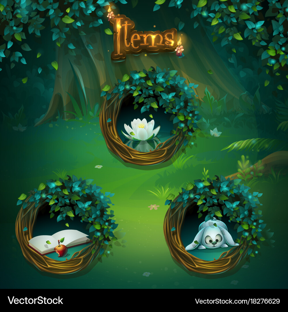 Set of different items for shadowy forest gui Vector Image