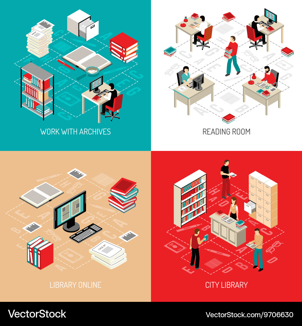 Document archive library 4 isometric icons vector image