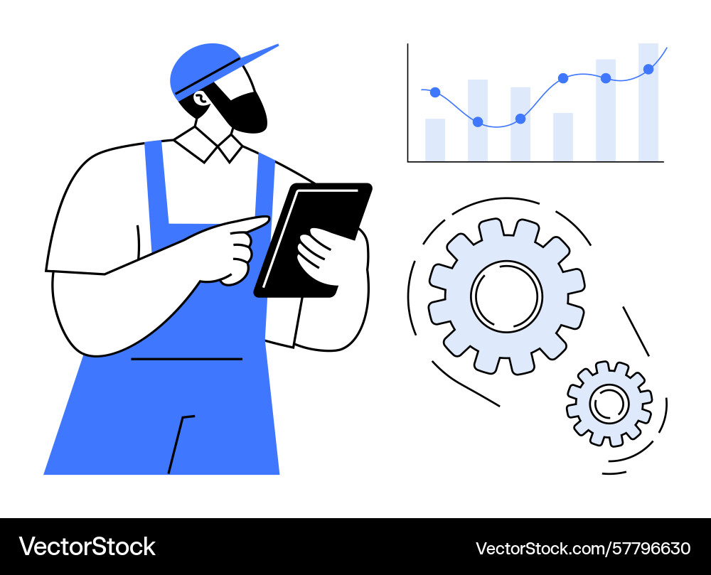 Worker monitoring production data on digital Worker monitoring production data on digital Vector Image