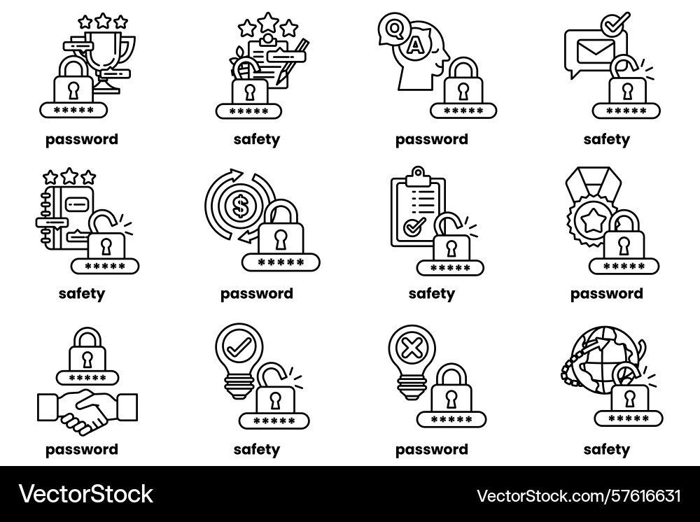 Set of password keys and stuff in line art Set of password keys and stuff in line art vector image