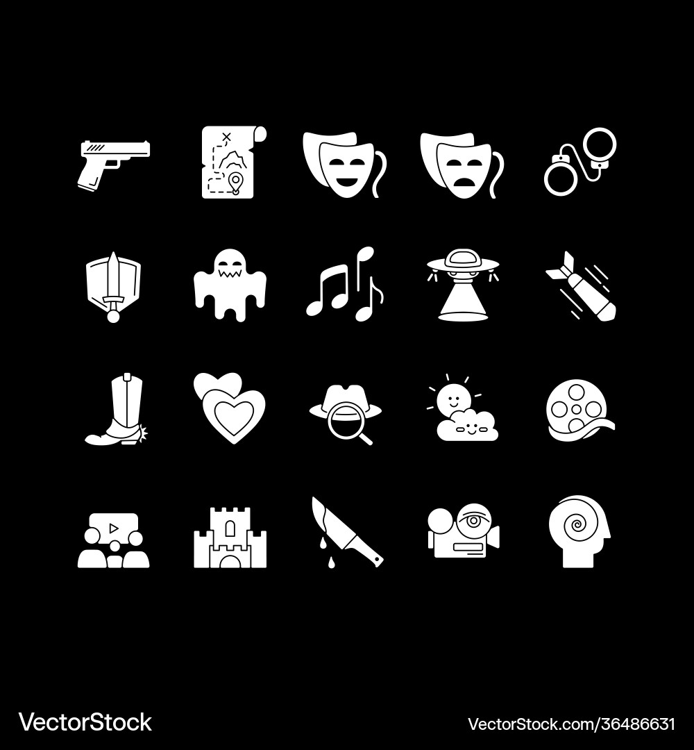 Verschiedene Film-Genres weiße Glyph-Symbole Set Verschiedene Film-Genres weiße Glyph-Symbole Set vektorbild