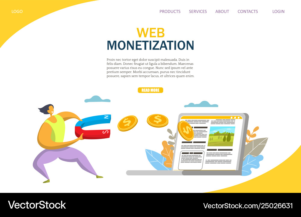 Web monetization website landing page Web monetization website landing page Vector Image