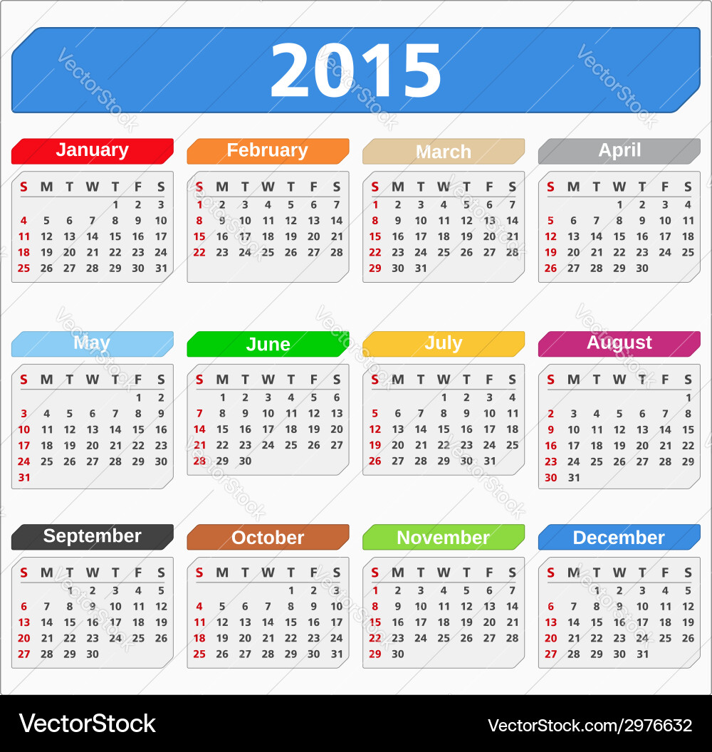 2015 calendar (2976632) – Royalty-Free Vector | VectorStock, image size:1000x1056