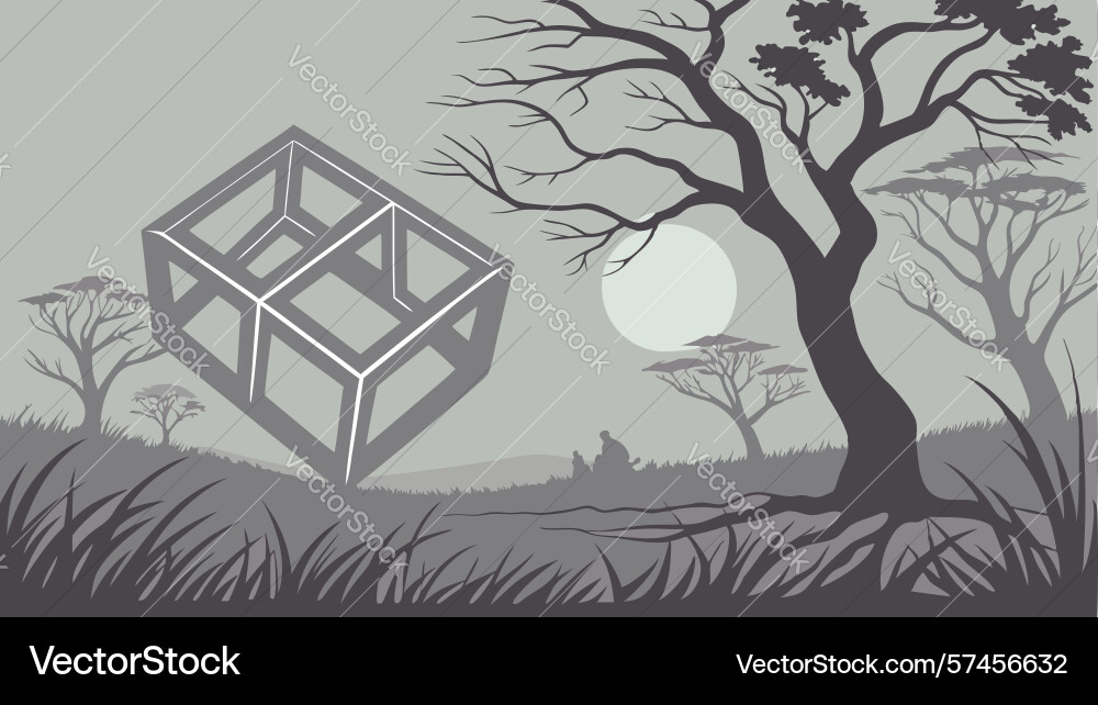 Abstract cube by stark bare tree landscape design vector image