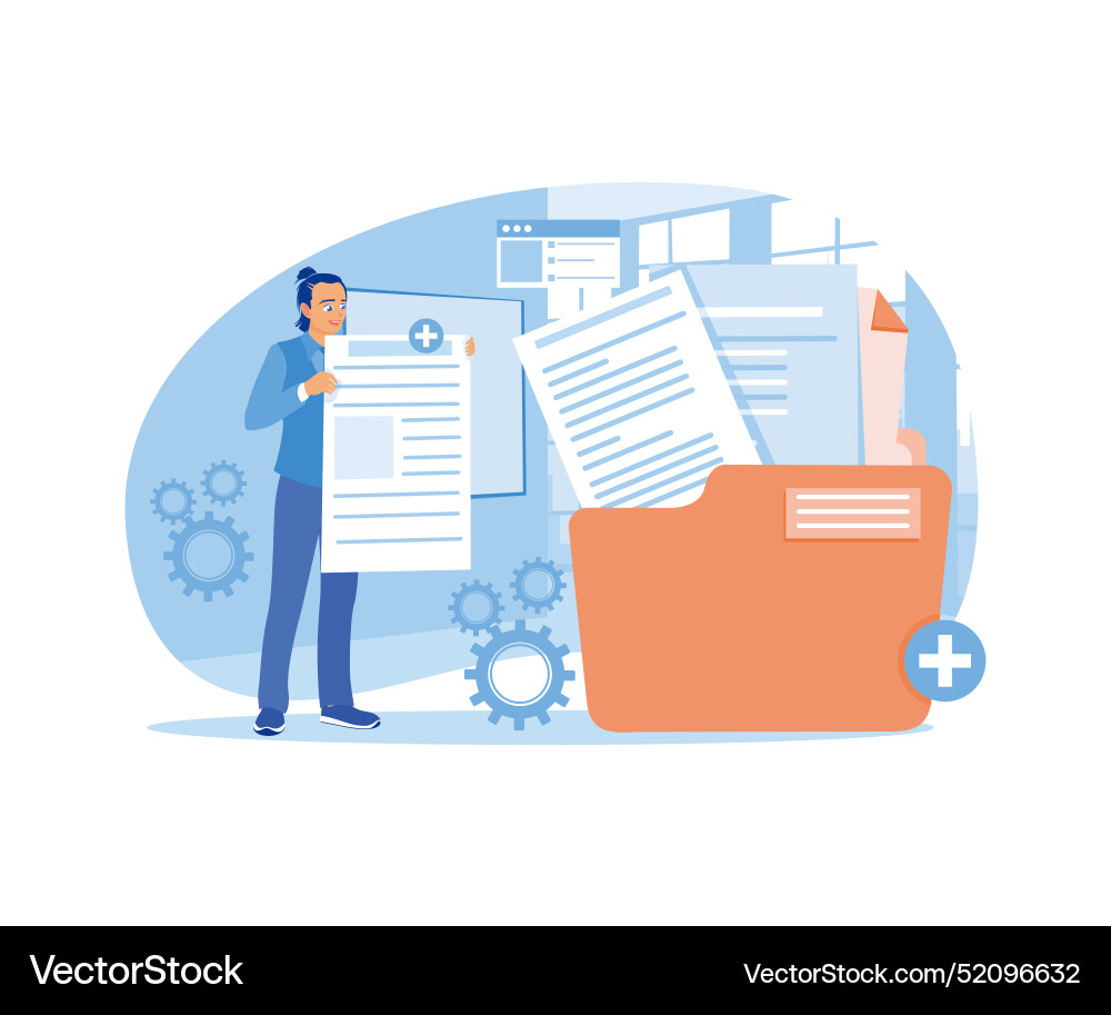Man holding file save files in main folders Man holding file save files in main folders vector image