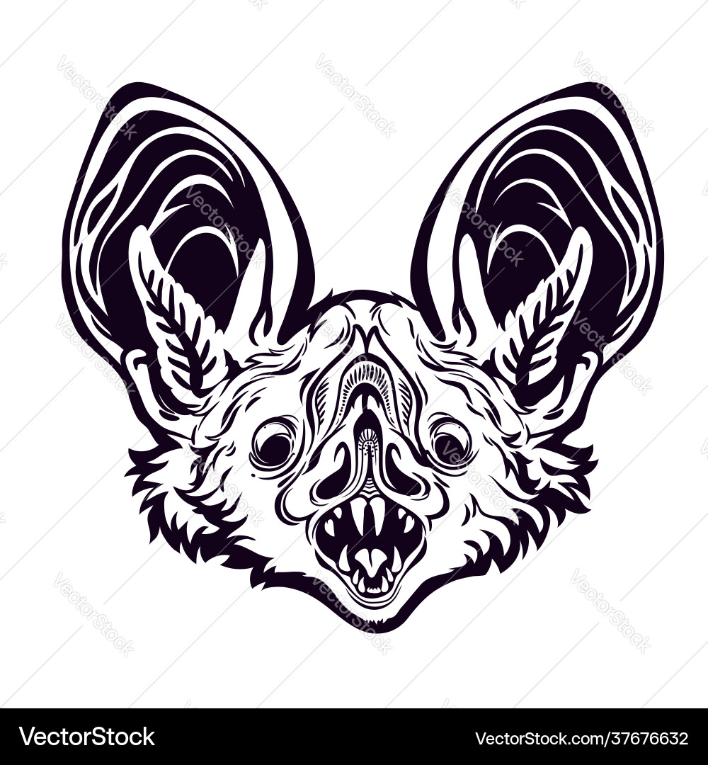 Monochrome bat head with open mouth Monochrome bat head with open mouth Vector Image