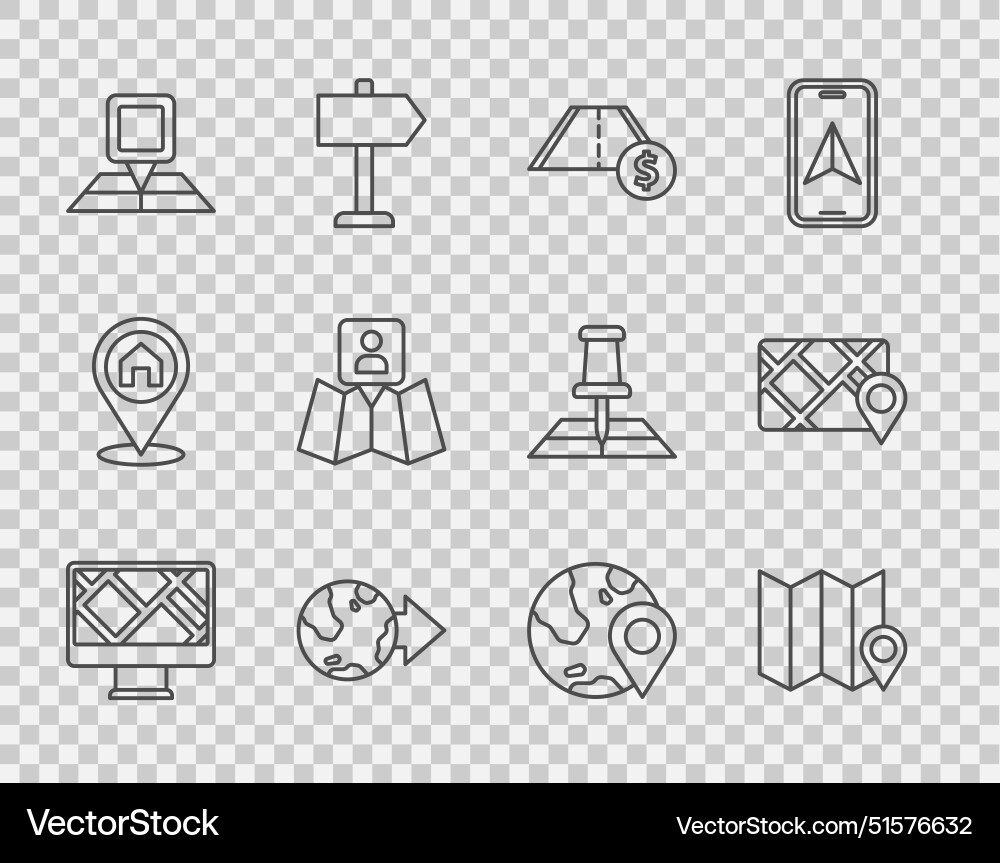 Set line monitor with map location folded marker vector image