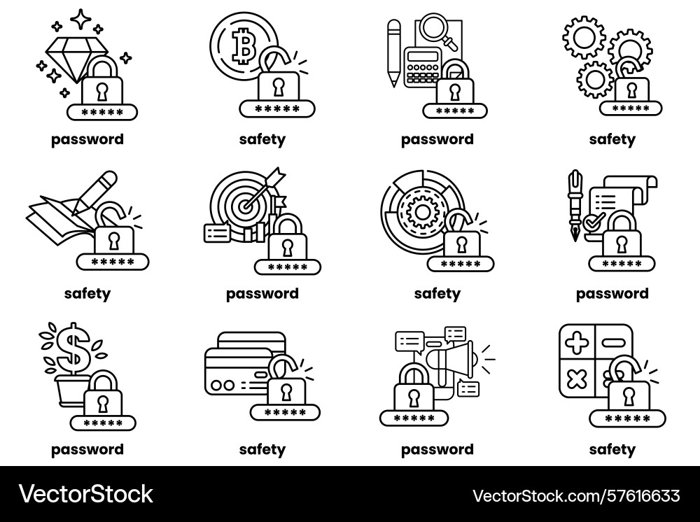 Set of password keys and stuff in line art Set of password keys and stuff in line art vector image