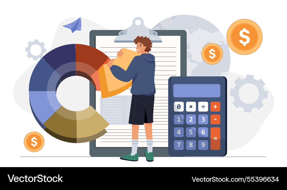 Man analyzing financial data with pie chart Man analyzing financial data with pie chart vector image