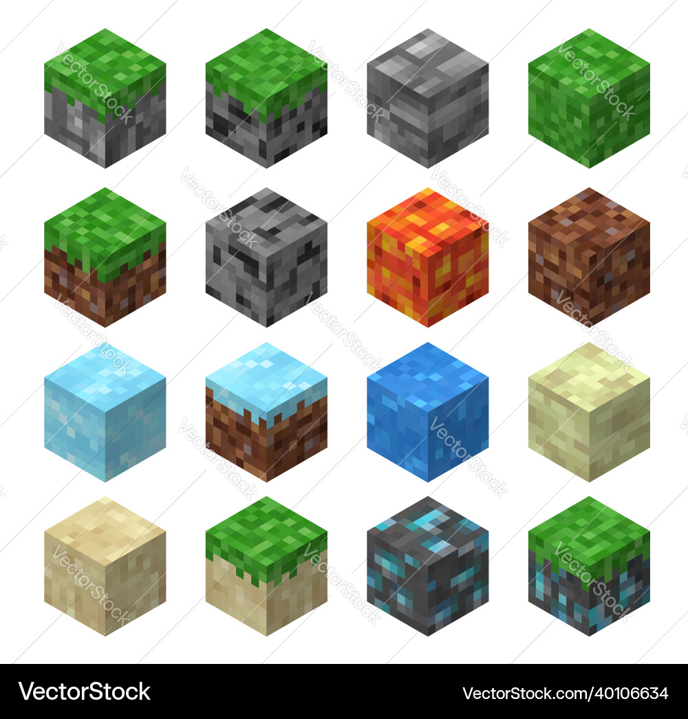 Pixel Spiel Blöcke Gras Stein Eis Wasser Sand Pixel Spiel Blöcke Gras Stein Eis Wasser Sand vektorbild
