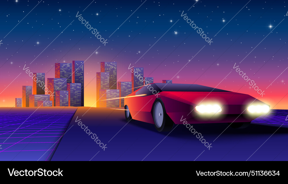 Red neon car in 80s synthwave style escaping from Vector Image