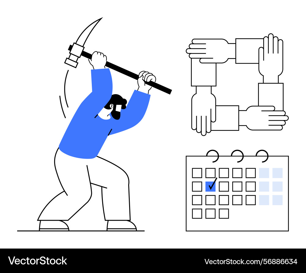 Worker mining with pickaxe teamwork hand Worker mining with pickaxe teamwork hand vector image