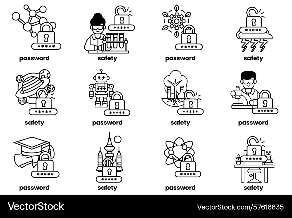 Set of password keys and stuff in line art Set of password keys and stuff in line art vector image